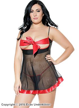 Sexy babydoll, gjennomsiktig maske, åpne cuper, satengbånd, plus size